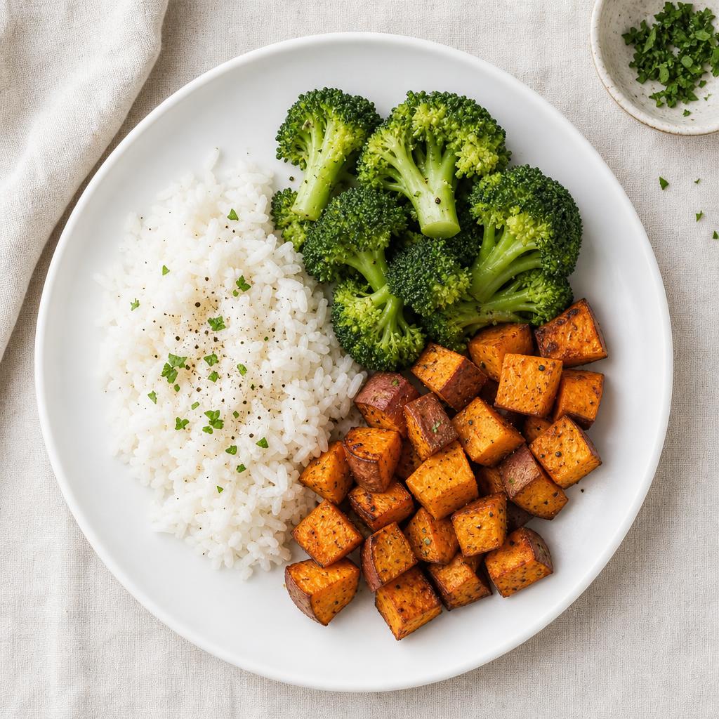 Plate with rice, broccoli, and roasted sweet potato